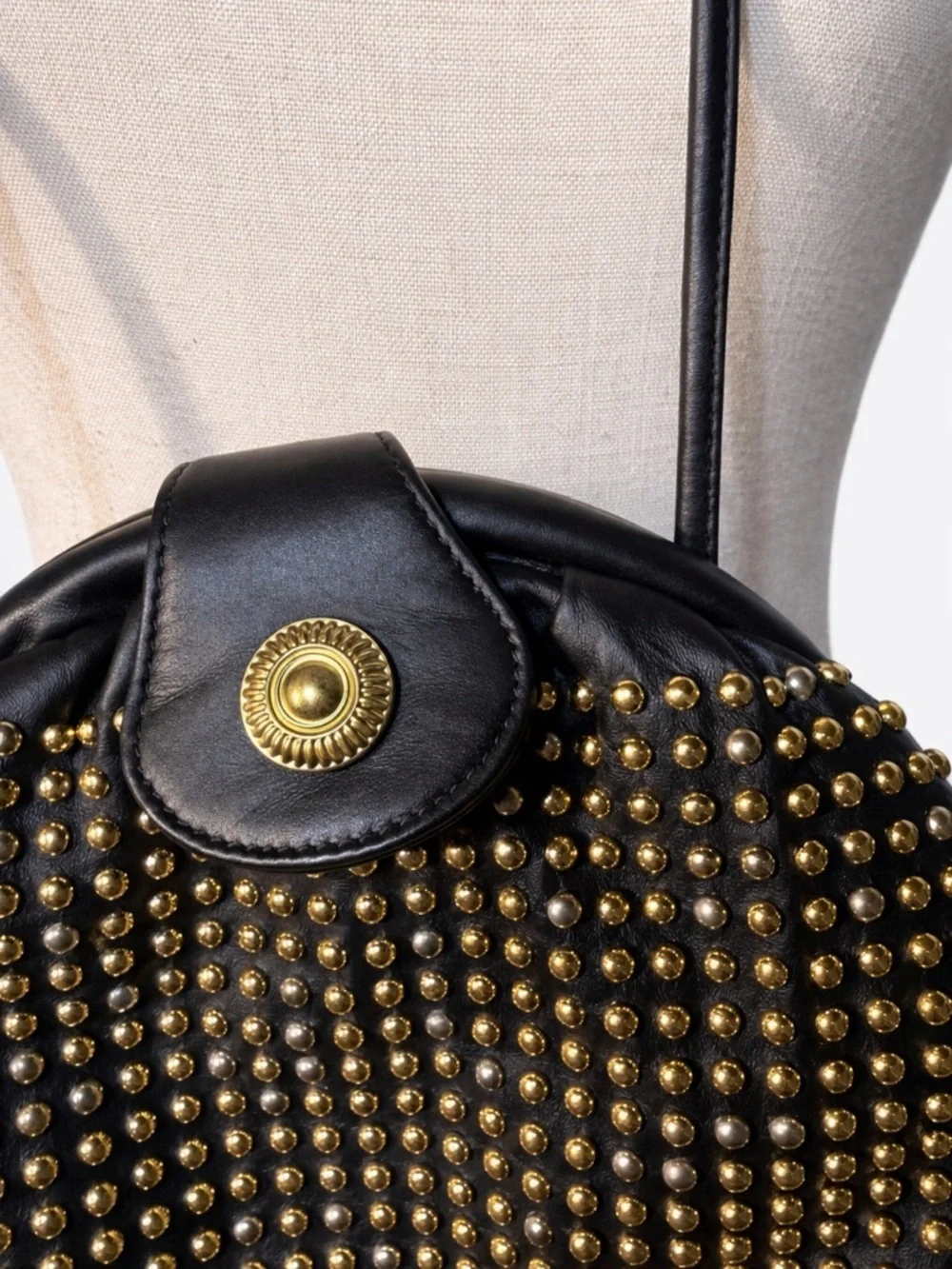 Vintage 80s leather studded Park Avenue Int. Soft Crossbody bag. Gold hardware